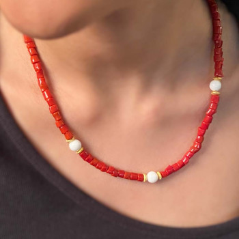 gold plated Coral necklace with 3 pice of white agate 