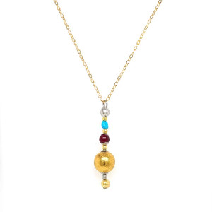 18K GOLD PLATED SILVER VOLCANIC STONE NECKLACE WITH GARNET AND TURQUOISE