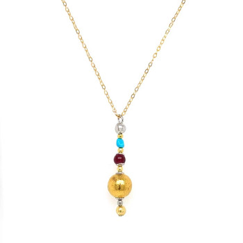 18K GOLD PLATED SILVER VOLCANIC STONE NECKLACE WITH GARNET AND TURQUOISE