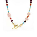 PINK QUARTZ NECKLACE WITH RUBY AGATE, RED CORAL, AND TURQUOISE PINK QUARTZ NECKLACE WITH RUBY AGATE, RED CORAL, AND TURQUOISE