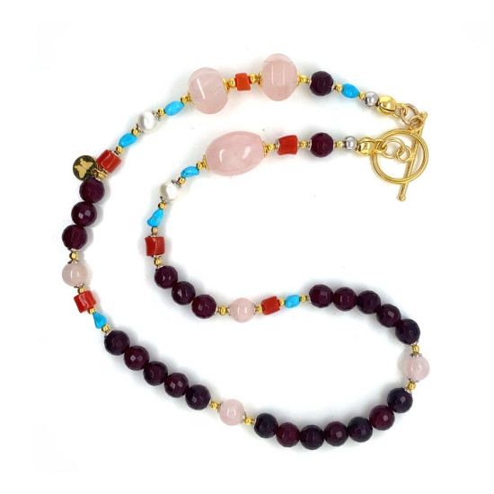 PINK QUARTZ NECKLACE WITH RUBY AGATE, RED CORAL, AND TURQUOISE PINK QUARTZ NECKLACE WITH RUBY AGATE, RED CORAL, AND TURQUOISE