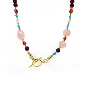 PINK QUARTZ NECKLACE WITH RUBY AGATE, RED CORAL, AND TURQUOISE