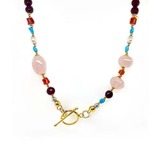 PINK QUARTZ NECKLACE WITH RUBY AGATE, RED CORAL, AND TURQUOISE PINK QUARTZ NECKLACE WITH RUBY AGATE, RED CORAL, AND TURQUOISE