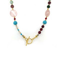 PINK QUARTZ NECKLACE WITH PEARL, MULTICOLOR TOURMALINE, TURQUOISE, RUBY AGATE, AND GREEN AGATE