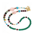 PINK QUARTZ NECKLACE WITH PEARL, MULTICOLOR TOURMALINE, TURQUOISE, RUBY AGATE, AND GREEN AGATE