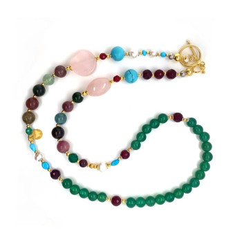 PINK QUARTZ NECKLACE WITH PEARL, MULTICOLOR TOURMALINE, TURQUOISE, RUBY AGATE, AND GREEN AGATE