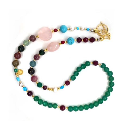 PINK QUARTZ NECKLACE WITH PEARL, MULTICOLOR TOURMALINE, TURQUOISE, RUBY AGATE, AND GREEN AGATE