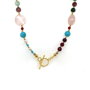 PINK QUARTZ NECKLACE WITH PEARL, MULTICOLOR TOURMALINE, TURQUOISE, RUBY AGATE, AND GREEN AGATE