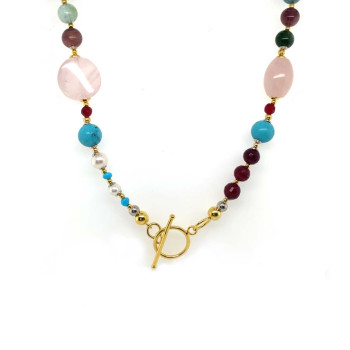 PINK QUARTZ NECKLACE WITH PEARL, MULTICOLOR TOURMALINE, TURQUOISE, RUBY AGATE, AND GREEN AGATE