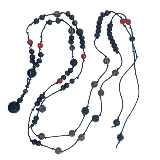 THREAD NECKLACE WITH VOLCANIC STONE, ONYX, RED AGATE, AND COCO
