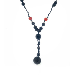 THREAD NECKLACE WITH VOLCANIC STONE, ONYX, RED AGATE, AND COCO