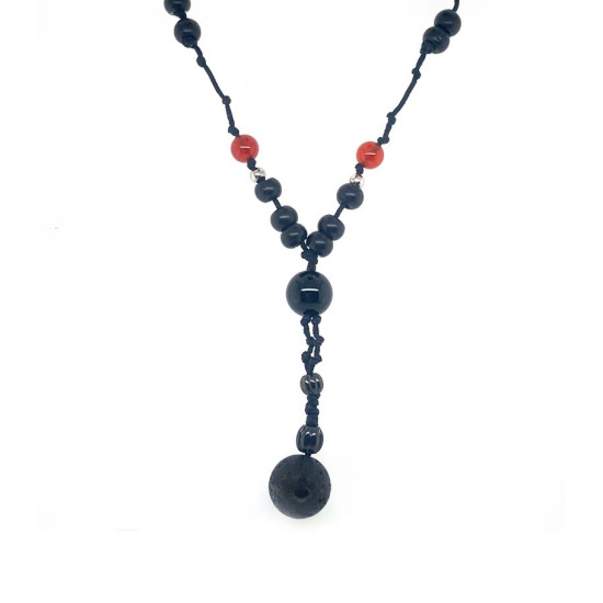THREAD NECKLACE WITH VOLCANIC STONE, ONYX, RED AGATE, AND COCO