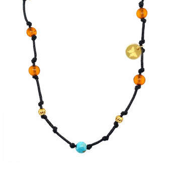 THREAD NECKLACE WITH TURQUOISE AND AMBER