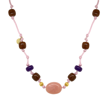 PINK OPAL THREAD NECKLACE WITH AMETHYST AND COKE WOOD