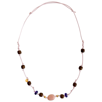 PINK OPAL THREAD NECKLACE WITH AMETHYST AND COKE WOOD