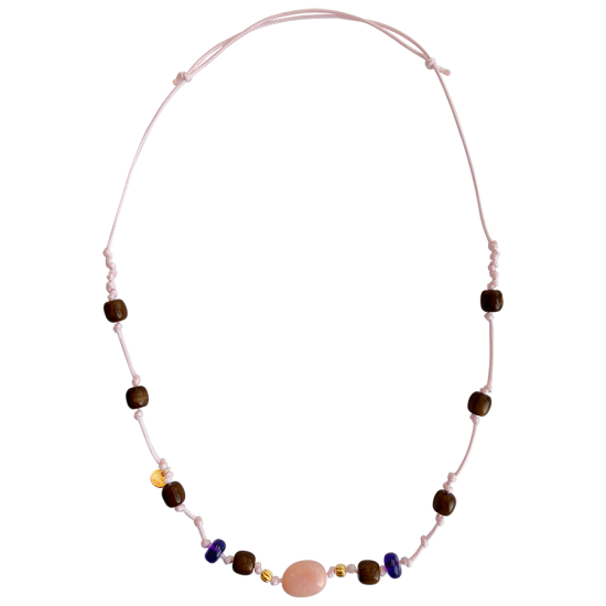 PINK OPAL THREAD NECKLACE WITH AMETHYST AND COKE WOOD