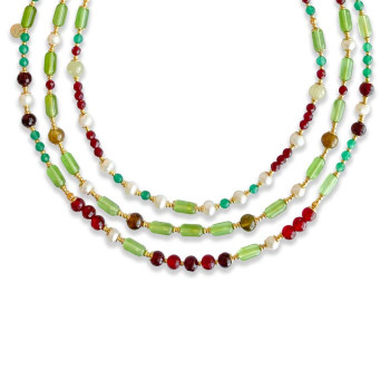 gold plated 3 LAYERS PEARL Amber necklace with green agate and Rubi agate , Garnet ,and pearl