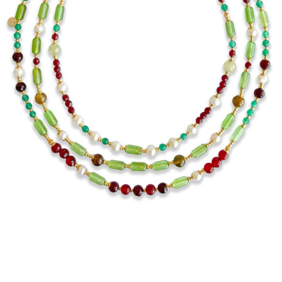 gold plated 3 LAYERS PEARL Amber necklace with green agate and Rubi agate , Garnet ,and pearl gold plated 3 LAYERS PEARL Amber necklace with green agate and Rubi agate , Garnet ,and pearl