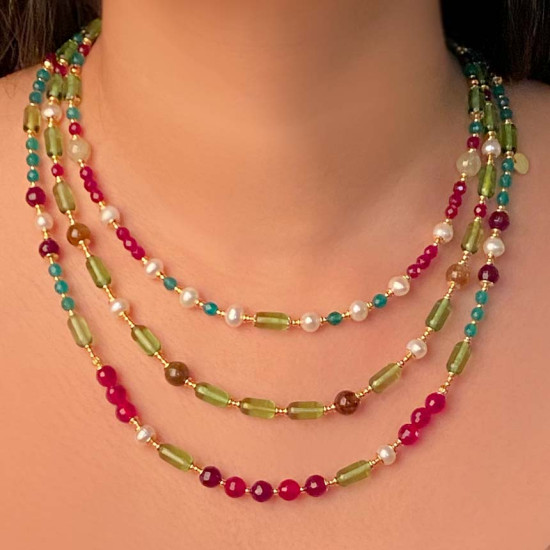 gold plated 3 LAYERS PEARL Amber necklace with green agate and Rubi agate , Garnet ,and pearl gold plated 3 LAYERS PEARL Amber necklace with green agate and Rubi agate , Garnet ,and pearl