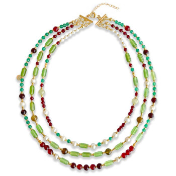 gold plated 3 LAYERS PEARL Amber necklace with green agate and Rubi agate , Garnet ,and pearl