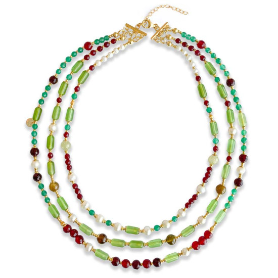 gold plated 3 LAYERS PEARL Amber necklace with green agate and Rubi agate , Garnet ,and pearl gold plated 3 LAYERS PEARL Amber necklace with green agate and Rubi agate , Garnet ,and pearl