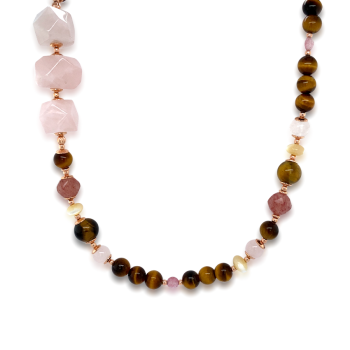 GOLD PLATED PINK QUARTZ NECKLACE WITH CHERRY QUARTZ AND TIGER EYE