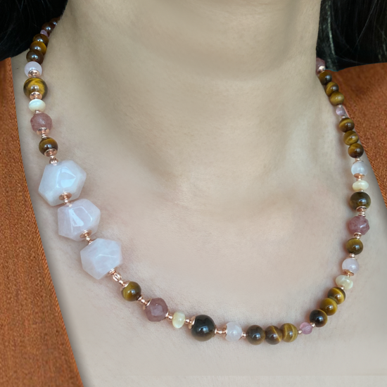 GOLD PLATED PINK QUARTZ NECKLACE WITH CHERRY QUARTZ AND TIGER EYE