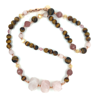 GOLD PLATED PINK QUARTZ NECKLACE WITH CHERRY QUARTZ AND TIGER EYE