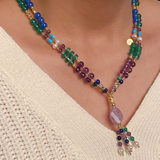 GOLD PLATED LAVENDERITE NECKLACE WITH LAPIS , GREEN AGATE , AMETHYST, BLUE AGATE , PEARLS AND MALACHITE GOLD PLATED LAVENDERITE NECKLACE WITH LAPIS , GREEN AGATE , AMETHYST, BLUE AGATE , PEARLS AND MALACHITE