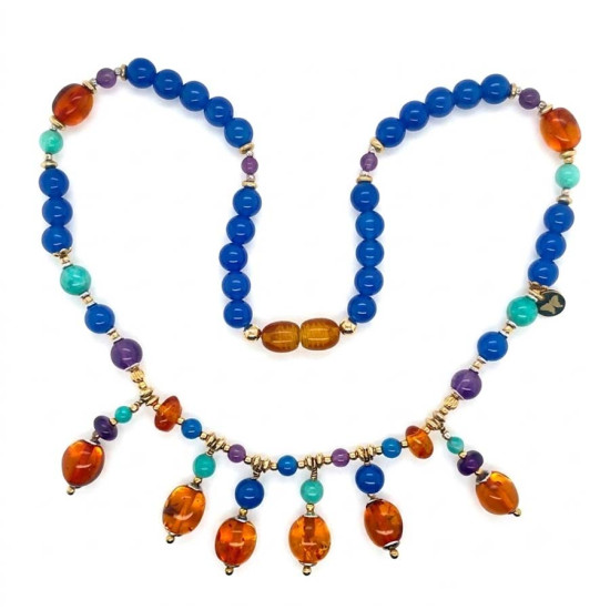 HONEY AMBER NECKLACE WITH AMETHYST, AMAZONITE, AND BLUE AGATE