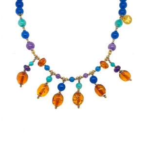 HONEY AMBER NECKLACE WITH AMETHYST, AMAZONITE, AND BLUE AGATE