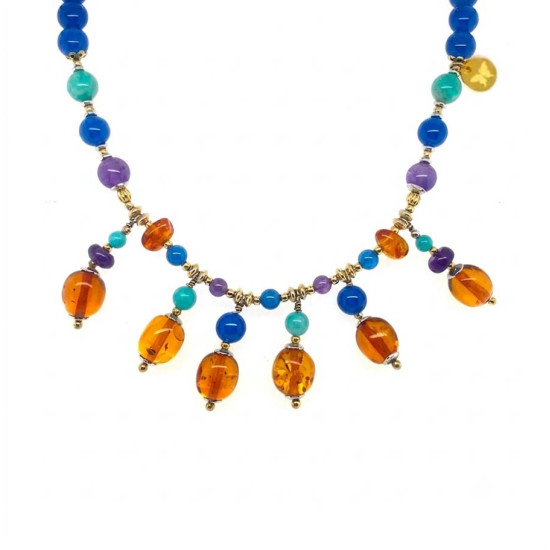 HONEY AMBER NECKLACE WITH AMETHYST, AMAZONITE, AND BLUE AGATE