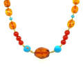 A SPECIAL GOLD PLATED NECKLACE WITH FABULOUS STONES, AMBER, TURQUOISE AND RED AGATE A SPECIAL GOLD PLATED NECKLACE WITH FABULOUS STONES, AMBER, TURQUOISE AND RED AGATE