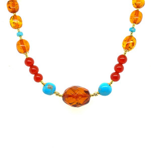 A SPECIAL GOLD PLATED NECKLACE WITH FABULOUS STONES, AMBER, TURQUOISE AND RED AGATE