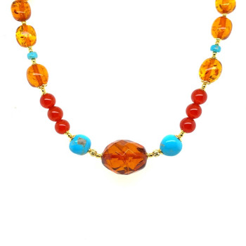 A SPECIAL GOLD PLATED NECKLACE WITH FABULOUS STONES, AMBER, TURQUOISE AND RED AGATE