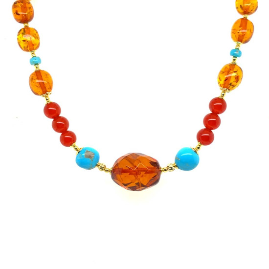 A SPECIAL GOLD PLATED NECKLACE WITH FABULOUS STONES, AMBER, TURQUOISE AND RED AGATE A SPECIAL GOLD PLATED NECKLACE WITH FABULOUS STONES, AMBER, TURQUOISE AND RED AGATE