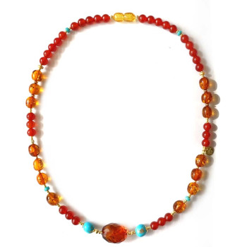 A SPECIAL GOLD PLATED NECKLACE WITH FABULOUS STONES, AMBER, TURQUOISE AND RED AGATE