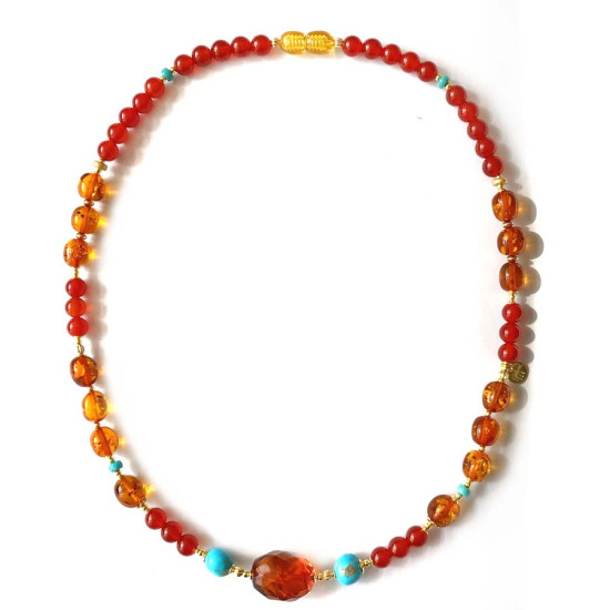 A SPECIAL GOLD PLATED NECKLACE WITH FABULOUS STONES, AMBER, TURQUOISE AND RED AGATE A SPECIAL GOLD PLATED NECKLACE WITH FABULOUS STONES, AMBER, TURQUOISE AND RED AGATE