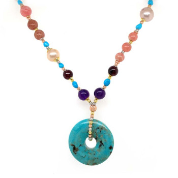 SILVER GOLD-PLATED CHAIN WITH A LASER TURQUOISE  PENDANT WITH ANETHYST , MORGANITE , PEARLS , RHODOCHROSITE AND PINK QUARTZ 