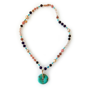 SILVER GOLD-PLATED CHAIN WITH A LASER TURQUOISE  PENDANT WITH ANETHYST , MORGANITE , PEARLS , RHODOCHROSITE AND PINK QUARTZ 