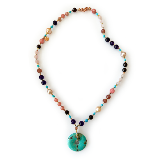 SILVER GOLD-PLATED CHAIN WITH A LASER TURQUOISE  PENDANT WITH ANETHYST , MORGANITE , PEARLS , RHODOCHROSITE AND PINK QUARTZ 
