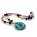 SILVER GOLD-PLATED CHAIN WITH A LASER TURQUOISE  PENDANT WITH ANETHYST , MORGANITE , PEARLS , RHODOCHROSITE AND PINK QUARTZ 