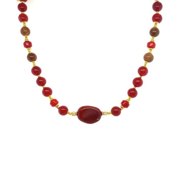 GOLD PLATED FIRE OPAL NECKLACE WITH CORAL , RED AGATE , COKE WOOD AND AMBER 