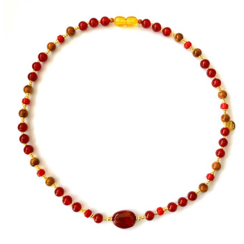 GOLD PLATED FIRE OPAL NECKLACE WITH CORAL , RED AGATE , COKE WOOD AND AMBER 