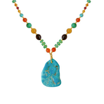 GOLD PLATED TURQUOISE NECKLACE WITH AMBER , HALOLITE , MALACHITE , TIGER-EYE , GREEN AGATE 