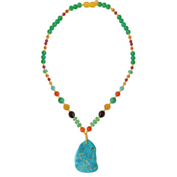 GOLD PLATED TURQUOISE NECKLACE WITH AMBER , HALOLITE , MALACHITE , TIGER-EYE , GREEN AGATE 