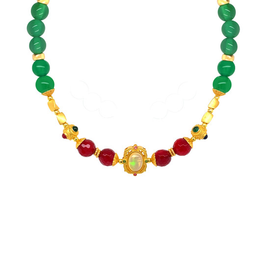 GOLD PLATED ETHIOPIAN OPAL NECKLACE WITH RUBI AGATE , GREEN AGATE AND GREEN JAIDE GOLD PLATED ETHIOPIAN OPAL NECKLACE WITH RUBI AGATE , GREEN AGATE AND GREEN JAIDE