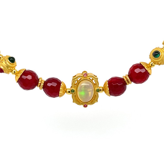 GOLD PLATED ETHIOPIAN OPAL NECKLACE WITH RUBI AGATE , GREEN AGATE AND GREEN JAIDE GOLD PLATED ETHIOPIAN OPAL NECKLACE WITH RUBI AGATE , GREEN AGATE AND GREEN JAIDE