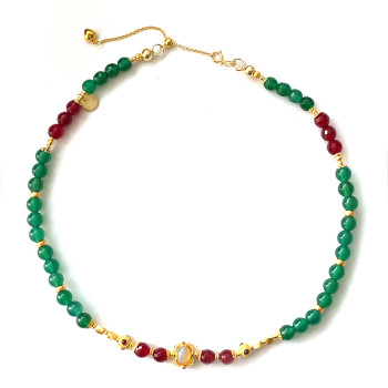 GOLD PLATED ETHIOPIAN OPAL NECKLACE WITH RUBI AGATE , GREEN AGATE AND GREEN JAIDE 