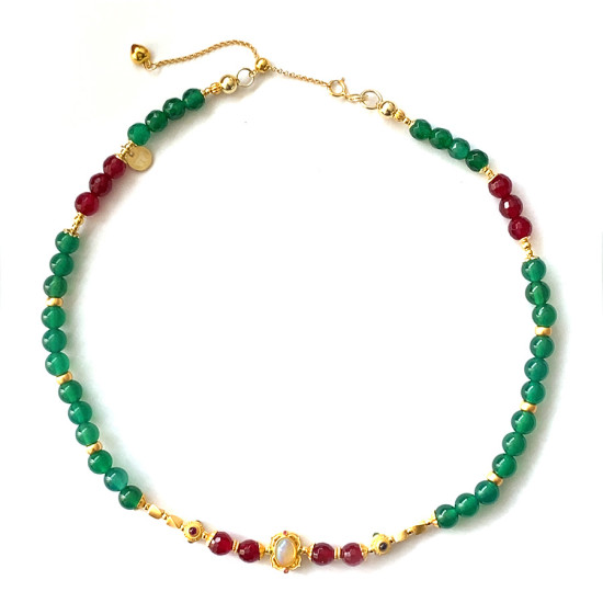 GOLD PLATED ETHIOPIAN OPAL NECKLACE WITH RUBI AGATE , GREEN AGATE AND GREEN JAIDE GOLD PLATED ETHIOPIAN OPAL NECKLACE WITH RUBI AGATE , GREEN AGATE AND GREEN JAIDE